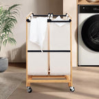 STO STO 2-Section Laundry Sorter with Bamboo Frame, Rolling Laundry Hamper Basket with Removable Bags and Lockable Wheels, Laundry Cart for Clothes Storage in Bedroom & Laundry Room, Beige - size: 2-Section