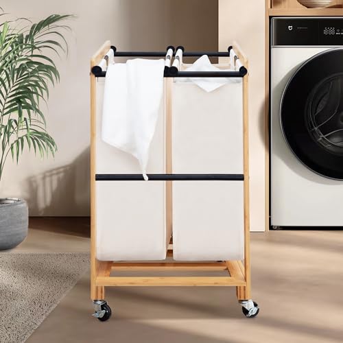 STO STO 2-Section Laundry Sorter with Bamboo Frame, Rolling Laundry Hamper Basket with Removable Bags and Lockable Wheels, Laundry Cart for Clothes Storage in Bedroom & Laundry Room, Beige - size: 2-Section