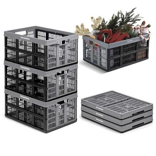 CleverMade Collapsible Utility Crate, Stone, 1PK - 32L (8 Gal) Collapsible Storage Bins, Holds 40lbs Per Bin - Plastic Stackable Grated Wall Utility Containers, CleverCrates Baskets