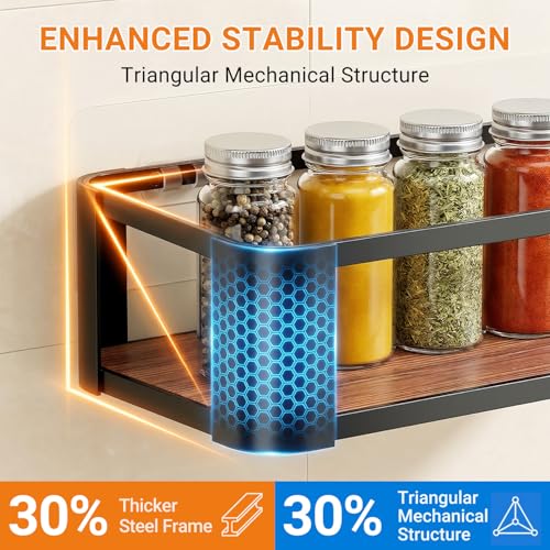 2 Pack Wall Mounted Spice Rack with 2 Hooks, Spice Organizer Shelf for Stove Cabinet Pantry Door, Screw or Adhesive Spice Shelf Hanging Wall Spice Rack in Kitchen and RV (Black, 2 Pack)