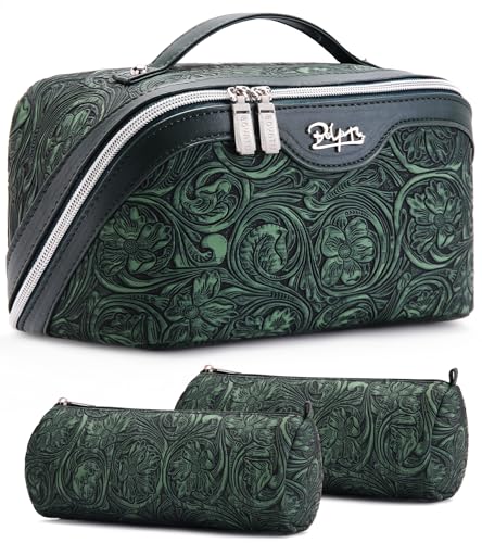 BOYATU Travel Makeup Bags Cosmetic Organizer Bag: 3 Pcs Set Large Capacity Floral Make up Bag with Compartments - Waterproof Leather Toiletry Bags with Handle for Women (18-Green) - color: 18-Green