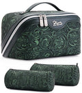 BOYATU Travel Makeup Bags Cosmetic Organizer Bag: 3 Pcs Set Large Capacity Floral Make up Bag with Compartments - Waterproof Leather Toiletry Bags with Handle for Women (18-Green) - color: 18-Green