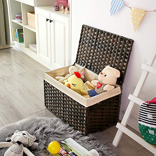 SONGMICS Storage Basket with Lid, Woven Blanket Storage Bin with Handles, Foldable, Removable Liner, Metal Frame, for Bedroom, Laundry Room, 17.2 Gallons (65 L), Brown URST56BR - color: Brown, size: 65 L