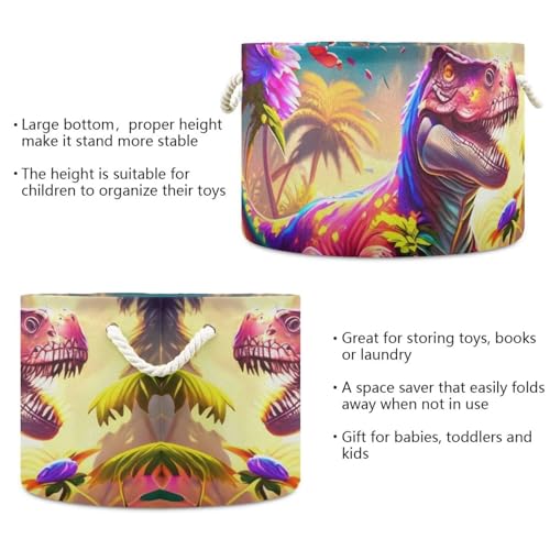 Pink Dinosaur Print Round Storage Basket Dinosaur Forest Large Laundry Hamper 20 x 20 x 14 Inches Organizer Bin with Cotton Rope Handles Clothes Storage Bag for Nursery Bedroom Living Room Decor - color: Purple and Green