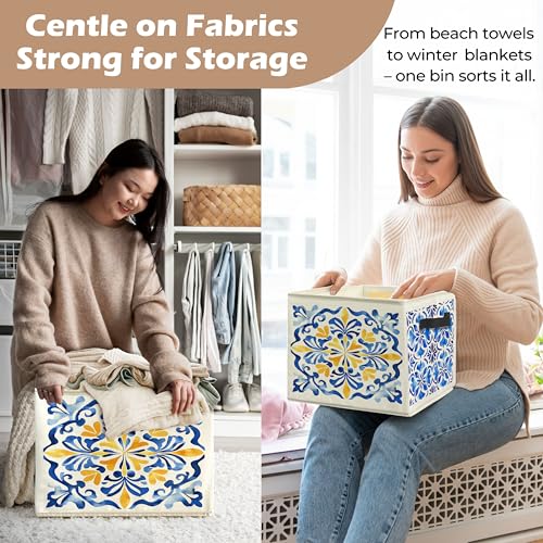 Blue and Yellow Mediterranean Tiles Storage Bin Box with Handles, Vintage Moroccan Floral Foldable Linen Fabric Laundry Basket for Home Bedroom Bathroom Clothes Toys Books - color: Floral-D