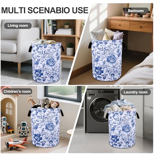 Blue Floral Laundry Basket Foldable Oxford Cloth Tote Bag Laundry Hamper Clothes Storage Bucket Organizer For Bathroom/Laundry Storage/Bedroom 19.6x15.7 Inch - color: Blue Floral