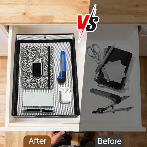 Yummy Sam 2 Pack Desk Drawer Organizer Tray, Office Drawer Organizer Tray with 2 Dividers, Metal Mesh Drawer Organizers for Desk, Desktop, Office Supplies, 12.2X8.8x2.1Inches