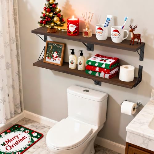 BAYKA Wall Shelves for Bedroom Decor, Floating Shelves for Wall, Display Mounted Rustic Wood Shelf for Books,Plants,Corner Shelves for Bathroom,Kitchen,Living Room(Rustic Brown,Set of 3) - color: C. Rustic Brown Board & Black Brackets, size: 16-inch Mixed