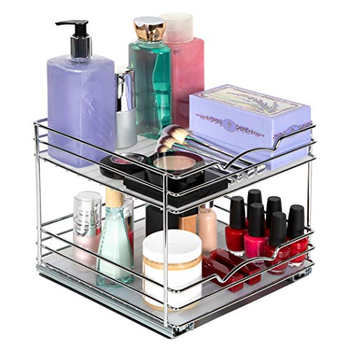 2 Tier Pull-Out Cabinet Spice Rack Organizer - Slim Slide-Out Storage for Spices, Bottles & Jars, Premium Heavy-Duty Steel, Easy Install for Narrow Kitchen Cabinets -10-1/2"Wx10-3/8"Dx8-7/8" H, Chrome - size: 10 Inch-Double