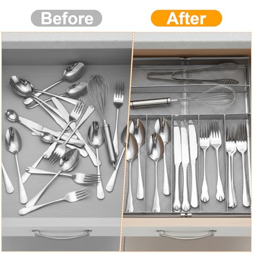 1 Pcs Utensil Drawer Silverware Organizer, Metal Mesh Expandable 13" ~24" Kitchen Drawer Organizer, 7-9 Slots Cutlery Tray Dividers for Kitchen Flatware Christmas Housewarming Gift (Sliver) - color: Sliver