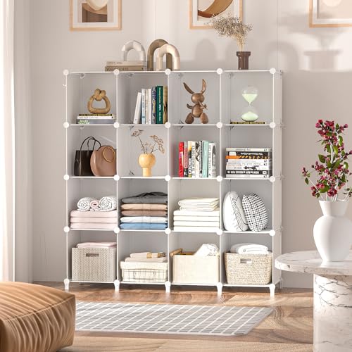 Neprock 16 Cubby Storage Organizer, Closet Clothes Storage Organizer, Cube Shelves Closet Organizers and Storage Shelves for Clothing Storage with Hammer, Bookshelf for Kids (White) - color: White