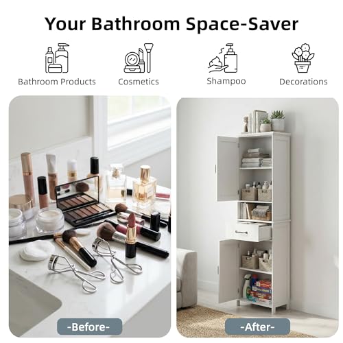 Casaphoria Tall Bathroom Storage Cabinet, 65" H Narrow Floor Cabinet with 2 Barn Doors and 1 Drawer, Freestanding Linen Tower with Adjustable Shelves, Anti-Tipping, White - size: 15.74"L×11.8"W×64.96"H