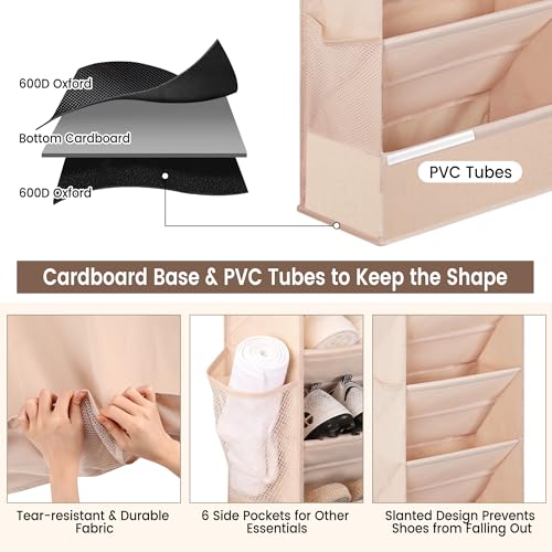 7 Tier Over The Door Shoe Organizer, Hanging Shoe Rack for Closet with Dustproof Mesh Curtain & 6 Side Pockets, Behind The Door Narrow Shoe Holder Hanger for Sneakers, Boots (Beige) - color: Beige