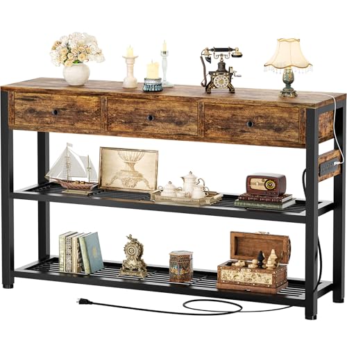 Ecoprsio 47'' Entryway Table with Outlets and USB Ports, Console Table with 3 Drawers, Sofa Table Narrow Long with Storage Shelves for Living Room, Couch, Hallway, Foyer, Kitchen Counter, Rustic Brown - color: Rustic Brown, size: 47-In