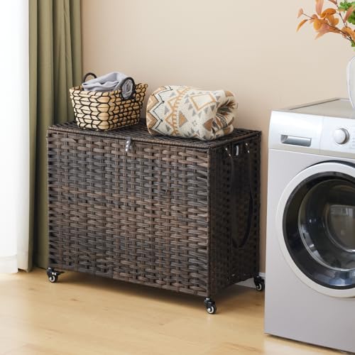 Laundry Hamper with Wheels, 52.8 Gallon(200L) Rolling Laundry Basket with Lid, 3-Section Rattan Clothes Hamper with 3 Removable Liner & 3 Mesh Bags, Laundry Sorter with Side Pocket, Brown - color: Brown, size: 200L（31.5 x 15.75 x 25.6 Inches）