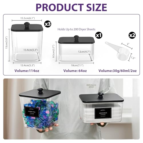 COAZEX 3+1 Pack Clear Laundry Pods Container & Dryer Sheet Holder, Plastic Square Laundry Room Organization and Storage Jars with Black Lids, Scoops & Labels for Detergent, Powder, Dryer Balls - color: 3+1 Pack