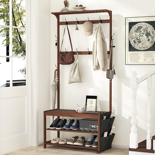 AMBIRD Hall Tree with bench and shoe storage, Entryway Bench with shoe storage, 6-in-1 Coat Rack with Cloth Bag and 12 Coat Hooks, Sturdy Bamboo Frame, Brown 31 * 15 * 70 Inches - style: Classic, 31.5'' L