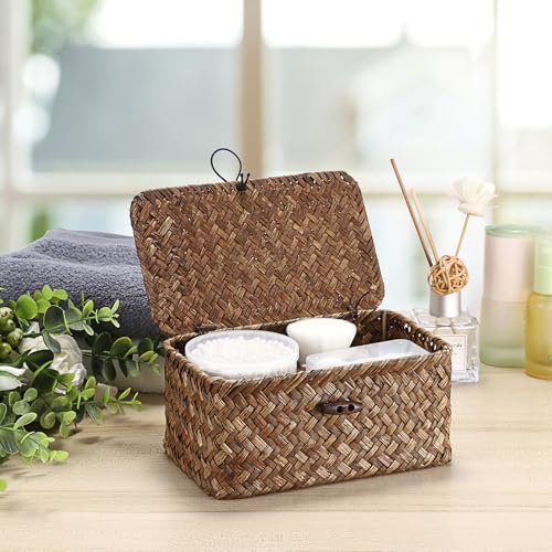 Hipiwe Handwoven Wicker Basket with Lid Desk Organizer for Remote Control Key Glass Coffee Color Seagrass Box for Decoration, 7.0"L x 4.3"W x 3.3"H - color: Coffee color, size: 7.0" x 4.3" x 3.3"
