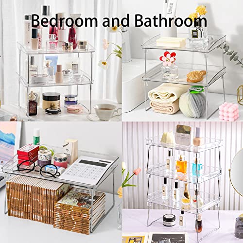 Kitchen Stackable Shelves 2Pack, Cabinet Storage Shelf Rack, Foldable Countertop Shelf Organizer for Kitchen, Bedroom and Bathroom, Cabinet Storage Organization-Clear