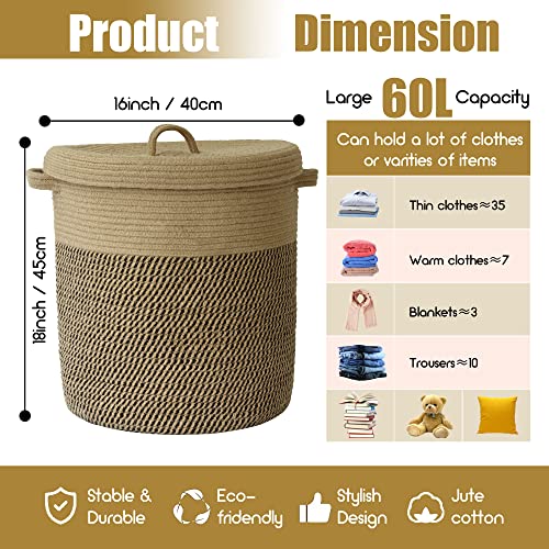 Extra Large Storage Basket with Lid 60L, 16"Wx18"H Woven Laundry Hamper Basket with Handle, Jute Rope Wicker Basket Blankets Pillows Storage in Living Room Baby Nursery, Jute/Black Mix includes Lid - color: Jute/Black Mix-16"Wx18"H