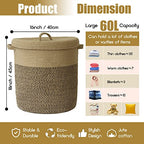 Extra Large Storage Basket with Lid 60L, 16"Wx18"H Woven Laundry Hamper Basket with Handle, Jute Rope Wicker Basket Blankets Pillows Storage in Living Room Baby Nursery, Jute/Black Mix includes Lid - color: Jute/Black Mix-16"Wx18"H