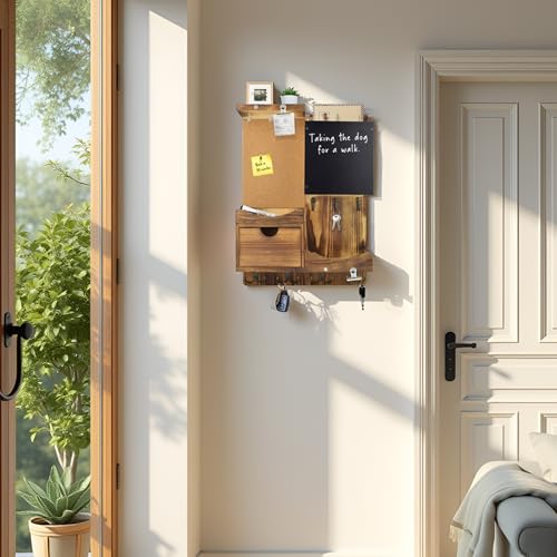Key Holder Wall Mount， Mail Organizer Key Holder for Wall with Shelf, Drawer, Chalkboard, Corkboard, Home Decor Wall Mounted for Room Entryway(Natural Wood) - color: Natural Wood, size: Vertical