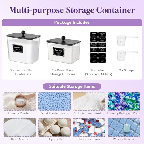 Lifewit 3 Pcs Laundry Pods Container with Bamboo Lid, Dryer Sheet Holder, Laundry Room Organization for Washing Powder, Scent Booster Beads, 2600 +2000ml/0.53+0.7gal - color: Black, size: 0.53+0.7gal