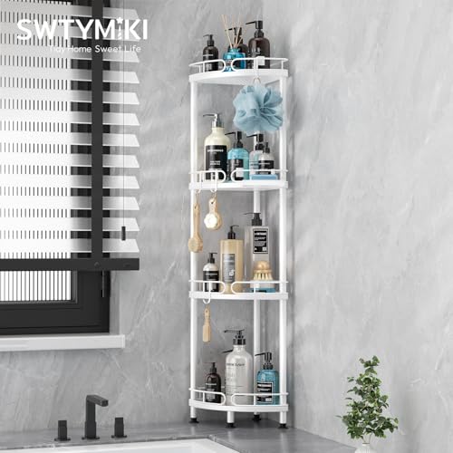 SWTYMIKI Corner Shower Caddy Standing - 4 Tier Stainless Steel Shower Organizer Stand with 4 Hooks & Soap Holder, Rustproof Metal Standing Tall Floor Shower Shelf and Bathroom Organizer, White - color: White-4 tier