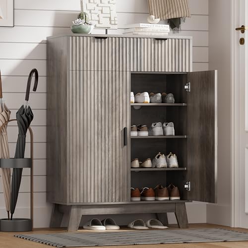 Shoe Cabinet Storage for Entryway with Doors, 4 Tier Fluted Shoe Organizer with 2 Drawers, Entryway Shoe Storage with Adjustable Shelves, Freestanding Hidden Shoe Rack for Front Door Entrance, Grey - color: Grey, size: 4 Tier