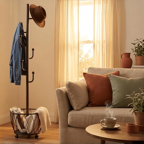 Cactus shaped Freestanding Metal Coat Rack Stand with Basket Modern Organizer for Scarf Jacket Hat Bags Ideal for Home Entryway Bedroom Corner Stable and Moveable (black) - color: black