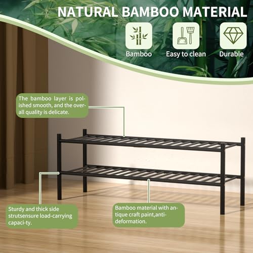 ROMGUAR CRAFT 2-Tier Bamboo Long Shoe Rack, Free Standing Wood Shoe Shelf Storage Organizer for Closet Entryway Stackable 35"x11"x13" (Black) - color: Black, size: 2-Tier(Long)