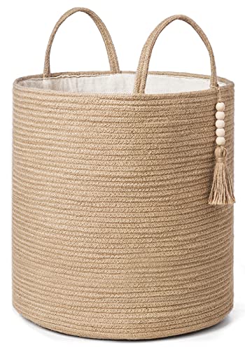 Mkono Tall Wicker Laundry Basket Woven Storage Basket Decorative Natural Rope Basket Wooden Bead Decoration for Blankets,Toys,Clothes,Shoes,Plant Organizer Bin with Handles Living Room 15"Wx17.7"L - color: Brown, size: 15"W x 17.7"L