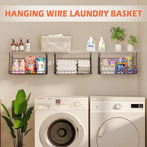 3-Pack Hanging Laundry Room Organizaton：Foldable Laundry Basket Wire Basket with 360°Rotating Hooks Small Space Organization Over Washer and Dryer Shelves - Hanging Closet Organizer, Black Patent - size: 3-Pack 13.9*11*28.9inch