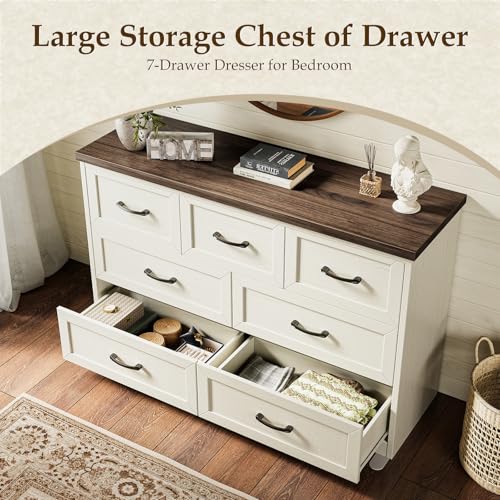 AODK Farmhouse 7 Drawer Dresser for Bedroom, 47” Wide Rustic Storage Chest with Engineered Wood Frame, Anti-Tip Design, American Country Bedroom Furniture, Walnut & Vintage White - color: Walnut & Vintage White, size: 15.7"D x 47"W x 29.8"H (7 Drawers)