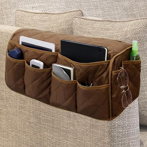 MEHIDFY Armchair Caddy, Waterproof Sofa Armrest Organizer, Non Slip Recliner Organizer, Remote Holder for Recline, Recliner Caddy with 14 Pockets Storage for TV Remote, Phone, Magazine (Brown) - color: Brown