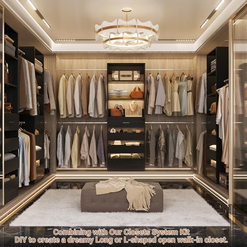 Aheaplus Closet System, 4-9Ft Closet Organizer with 4 Wooden Drawers, Wood Closet Organizer System with Tower, Walk-in Closet Organizer Wardrobe Clothes Rack with 4 Hanging Rods, Garment Rack, Black - color: Black