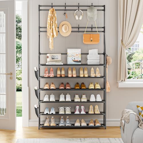 OYREL Shoe Rack 6 Tier Shoes Organizer 24-30 Pairs Shoe Racks for Closet Front Door Entrance Large Capacity Space Saving Shoe Storage Organizer with Multifunctional 5 Hooks and Side Pocket - color: Black, size: 6 Tier