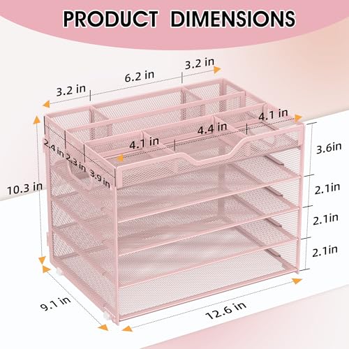 5 Tier Paper Letter Tray with 3 Drop-in Pen Holders, Mesh Desk File Organizer with Handle, Desk Organizers and Accessories for School,Home, Office Supplies Storage-Pink - color: 5 Tier-Pink, size: 12.5" x 9.1" x 10.3"
