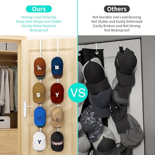HapiRm Over Door Hat Rack - 2 Packs Hat Organizer with 8 Hooks Design, Hanging Baseball Cap Organizer Storage Holds Up to 40 Caps for Door, Bedroom, Closet (White) - color: White, size: 2 Pack