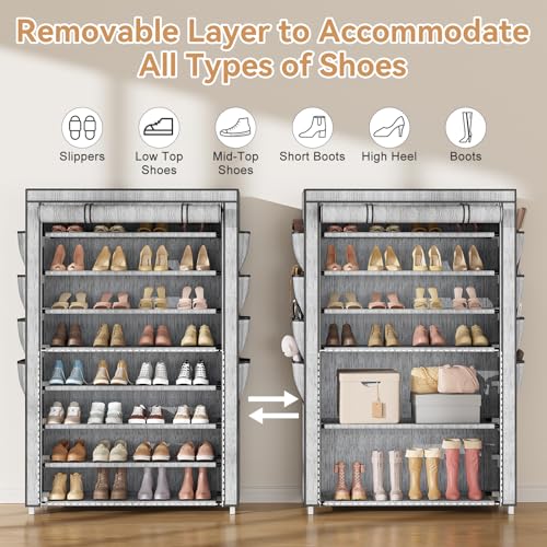 VILICK Shoe Rack with Cover, 8 Tier Tall Shoe Organizer Storage for 36-45 Pair Shoes and Boots Large Shoe Storage Shelf Free Standing Shoe Rack for Closet, Front Door Entrance, Dorm, Garage, Printing - color: Printing, size: 33.8"W-8 Tier
