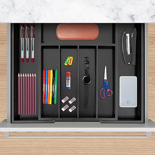VaeFae Bamboo Drawer Organizer, Expandable Silverware Drawer Organizer, Cutlery Tray with Dividers for Kitchen Utensils (Black, Medium) - color: Black, size: Medium