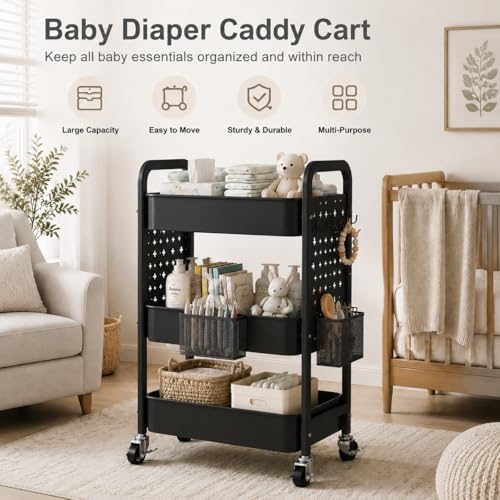 3 Tier Rolling Cart Metal with DIY Pegboard, Black Three Tiered Art Supply Organizer Cart on Wheels, Storage Utility Hobby Carts for Craft, Snack, Diaper Caddy, Nail, Baby Essentials, Nail, Snack - color: Black, size: 3 Tier+Pegboard+Cups+Hooks