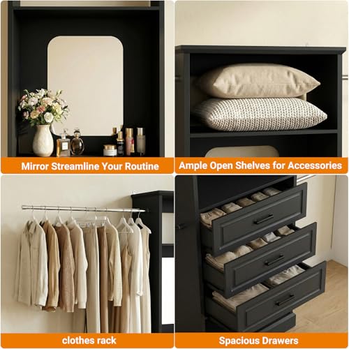 Unikito Closet System, 4FT - 9FT Closet Organizer with Mirror, Luxury Walk in Closet Insert with Drawers and 4 Hanging Rods, Sturdy Wood Wardrobe Closet Garment Rack with 25” Tower, Black - color: Black