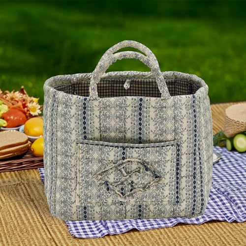 Quilted Fabric Storage Basket with Handles & Pocket, Foldable Laundry Hamper Boho Floral Print Organizer Bin for Home, Picnic, Office 12"x10"x10" (B-4) - color: B-4