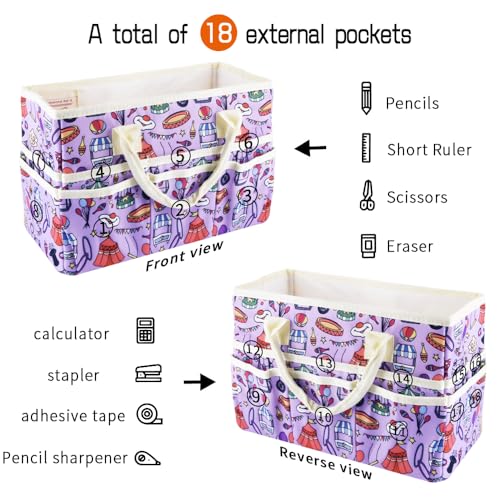 E-WEICHEN Craft Organizer Tote Bag Art Storage Caddy with Multiple Pockets Containers for Art,Craft,and Office Supplies Storage.Purple Circus - color: Purple Circus