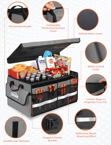 Oasser Car Trunk Organizer Collapsible Multi Compartments SUV Trunk Organizer with Reflective Strip Foldable Cover - color: Grey, size: Standard