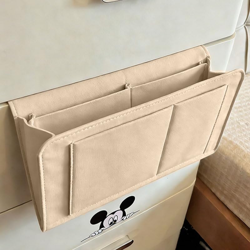 Bedside Storage Organizer with Pockets, Bedside Caddy, Table Cabinet Storage Organizer for TV Remote Control, Phones, Magazines, Tablets, Accessories, Living Room Office Chair Stowage Solution, Beige