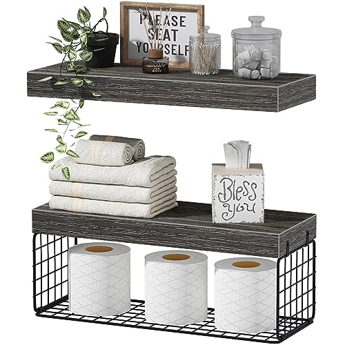 QEEIG Bathroom Shelves Over Toilet - Wall Mounted Floating Shelves Toilet Paper Storage Small Farmhouse Decor Shelf 16 inch Set of 2, Grey (019-GY2) - color: D. Grey, size: 2pcs