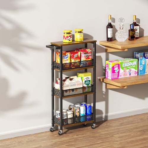 Giwil 4-Tier Slim Rolling Storage Cart for Kitchen Bathroom Organizer, Mobile Narrow Storage Cabinet Utility Cart with Wood Rack on Wheels for Pantry Laundry Small Space - size: Brown/Net Bar