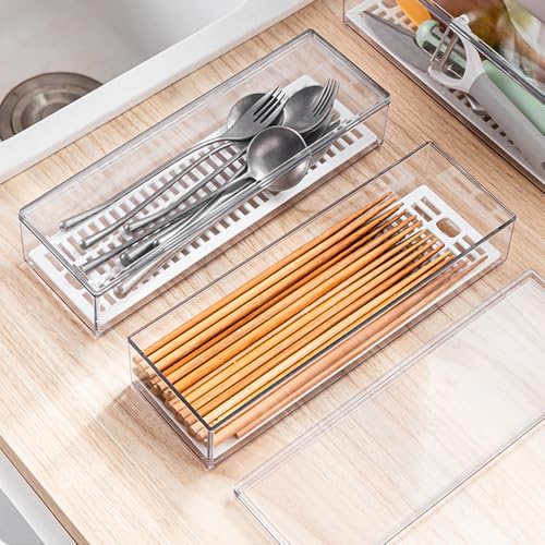 Transparent Flatware Tray Kitchen Drawer Organizer With Lid - Plastic Kitchen Cutlery Tray and Utensil Silverware Storage Container with Cover - Dinnerware Holder for Spoons Forks Knives - color: transparent